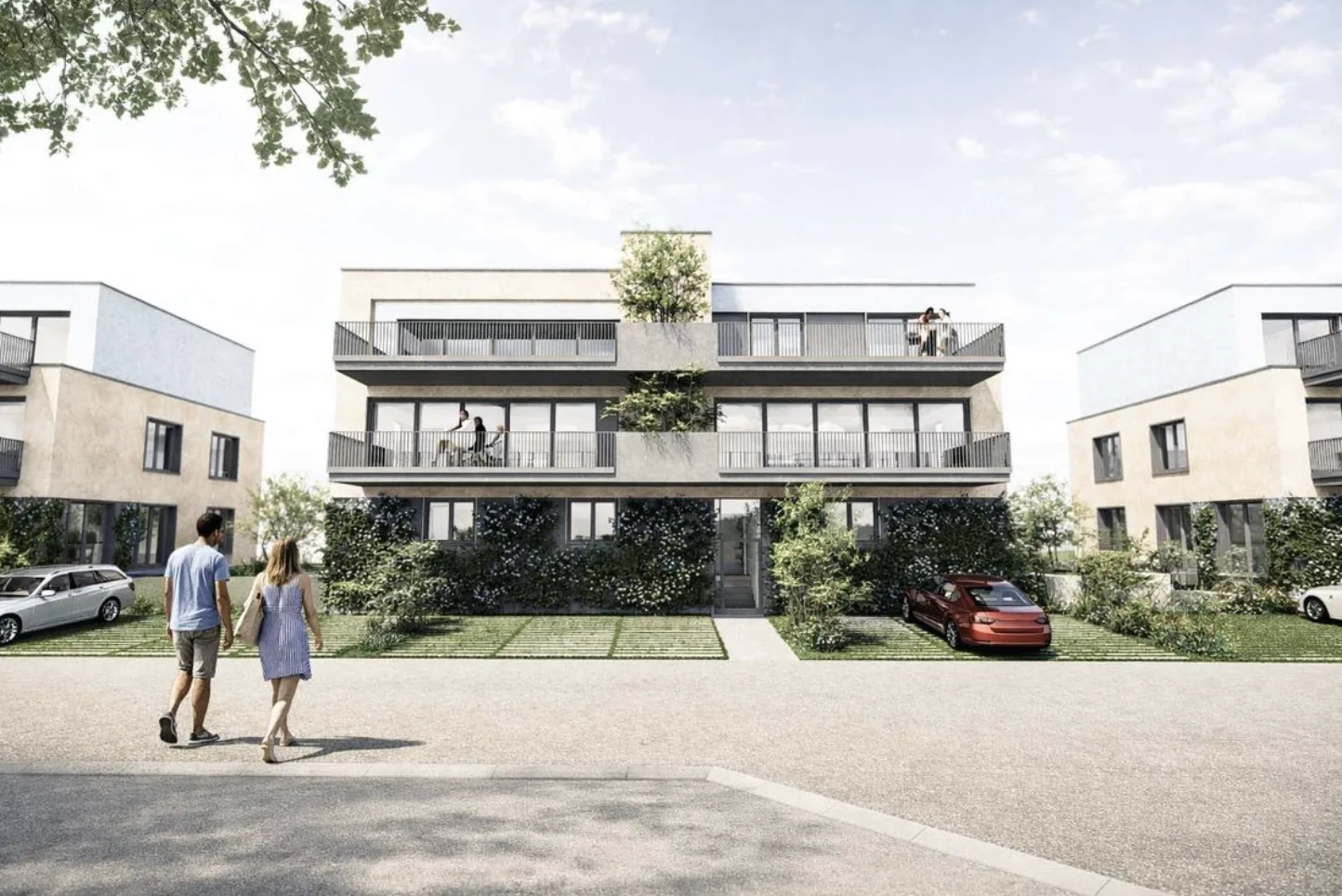Außenansicht der drei Mehrfamilienhäuser im Bienwald Quartier