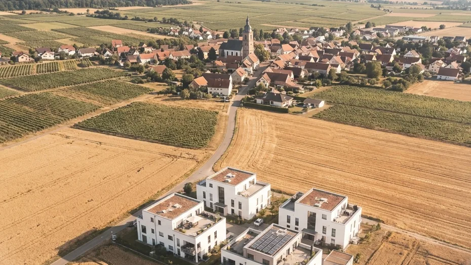 Luftaufnahme: das Quartier am Ortsrand, dahinter der Ortskern, ringsum Felder und Wald